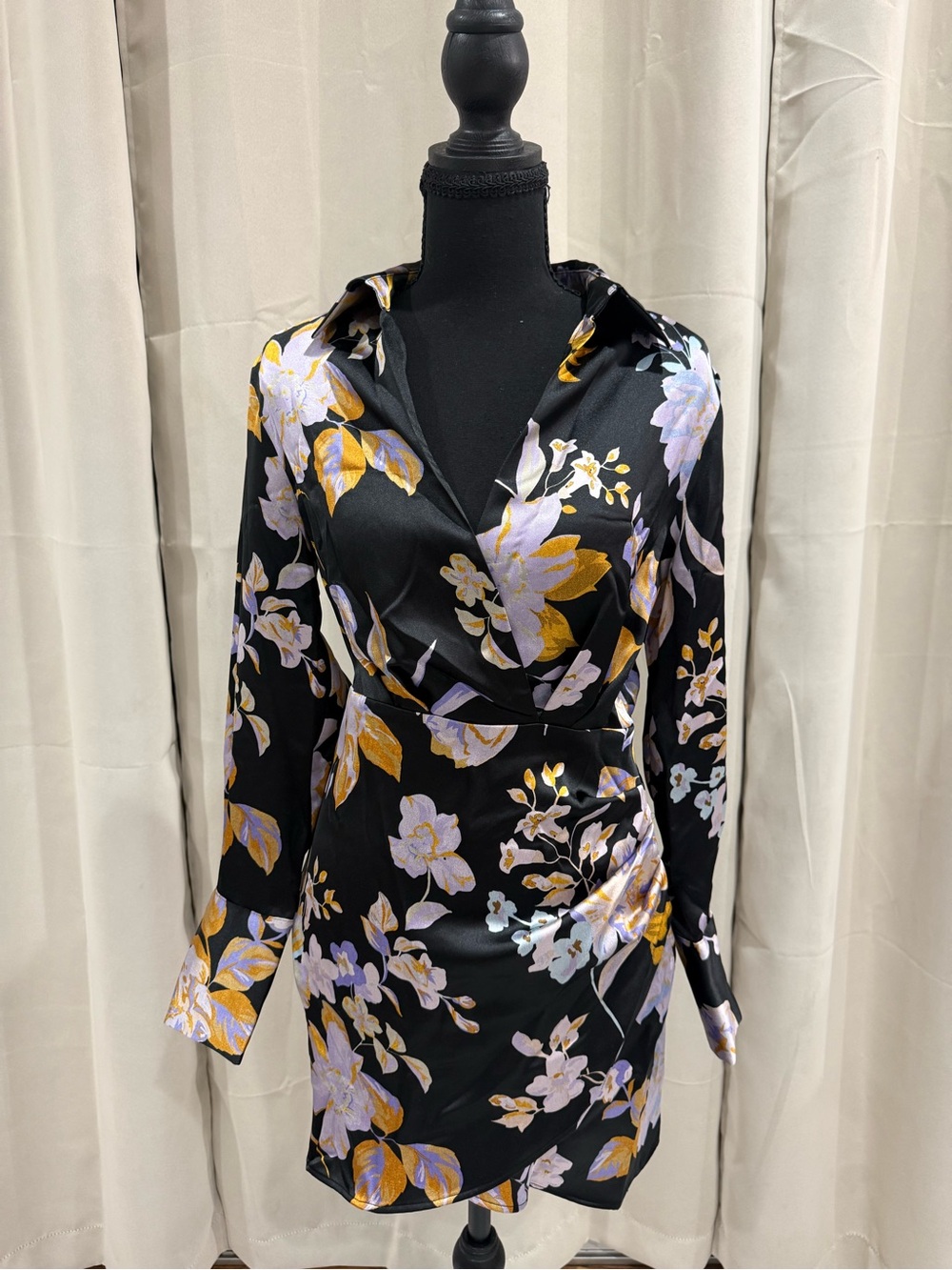 Zara Black Long-Sleeve Floral Wrap Dress with Gold and Lavender Print